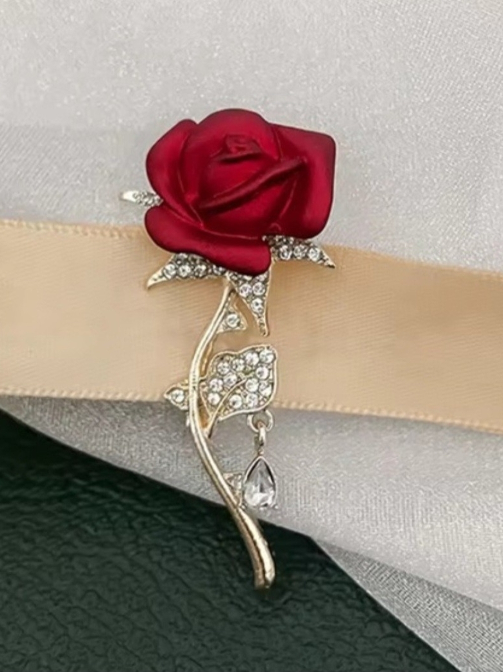 Red Rose Gold-Tone Brooch Pin - Picture 4 of 4